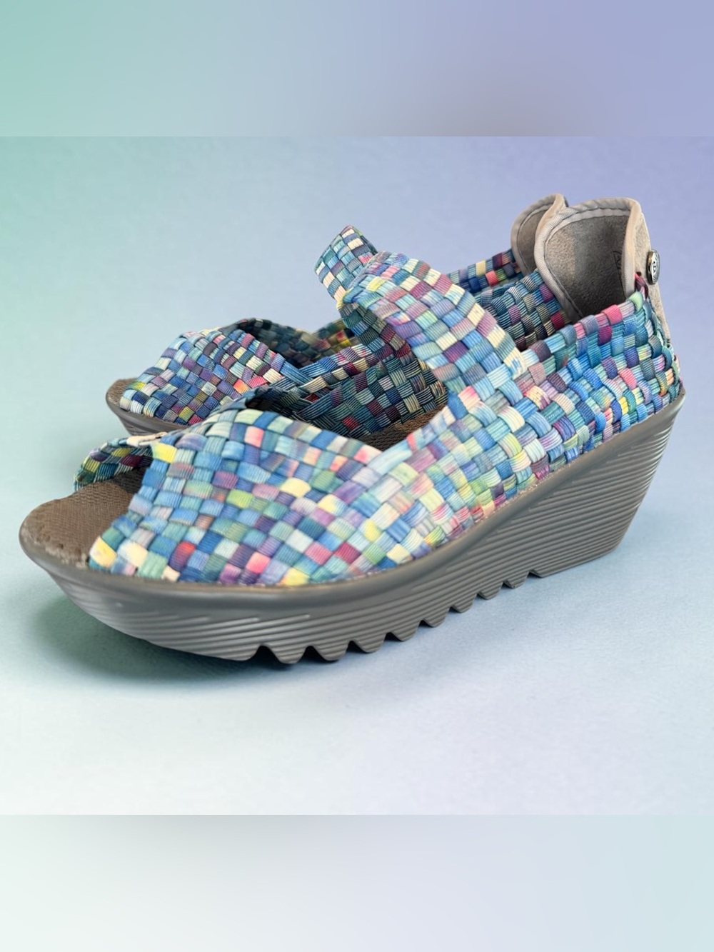 Bernie Mev Halle Blue Multi Camo Woven Mary Jane Peep Toe Comfort Wedge Sandals